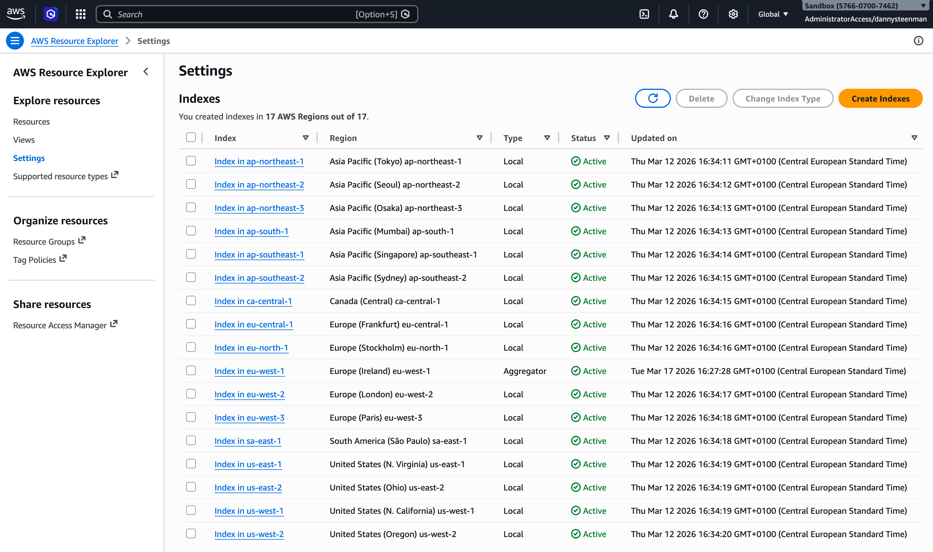 AWS Resource Explorer Settings showing indexes across 17 regions with eu-west-1 as the aggregator